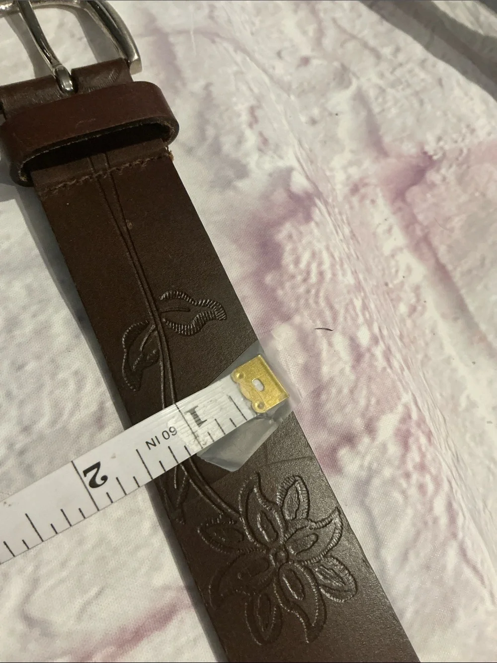 Brown Embossed Leather Belt with Floral Design